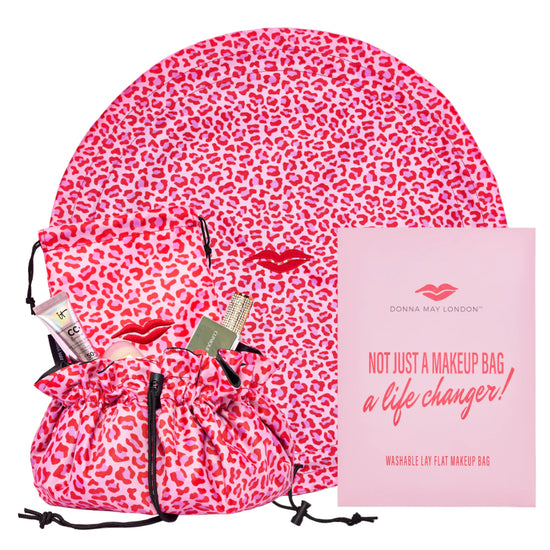 Open Flat Drawstring Makeup Bag in Red &  Pink Animal Print