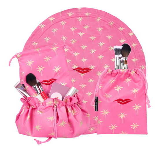 Open Flat Drawstring Makeup Bag in Pink & Gold Palm Tree