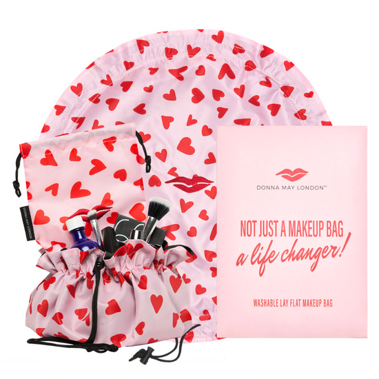 Open Flat Drawstring Makeup Bag in Pink with Red Hearts