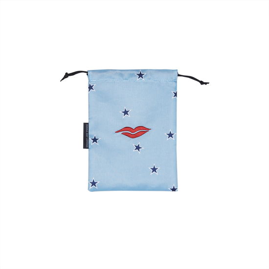 Open Flat Drawstring Makeup Bag in Blue Star Print