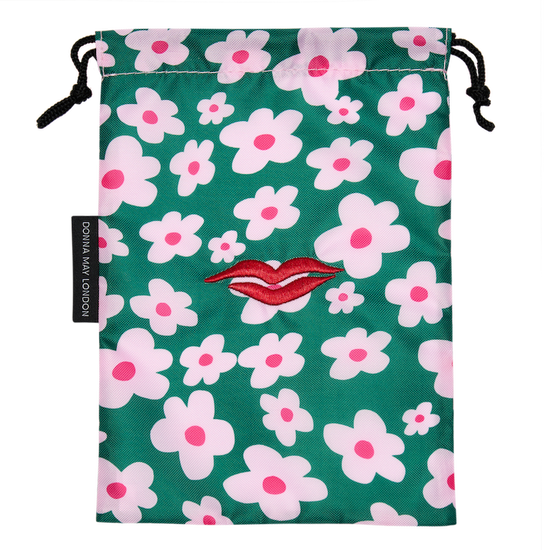 Open Flat Drawstring Makeup Bag in Green with Pink Flower