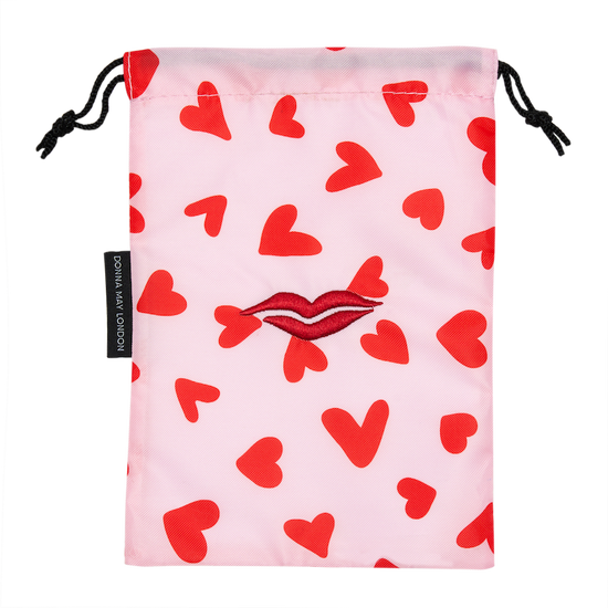 Open Flat Drawstring Makeup Bag in Pink with Red Hearts