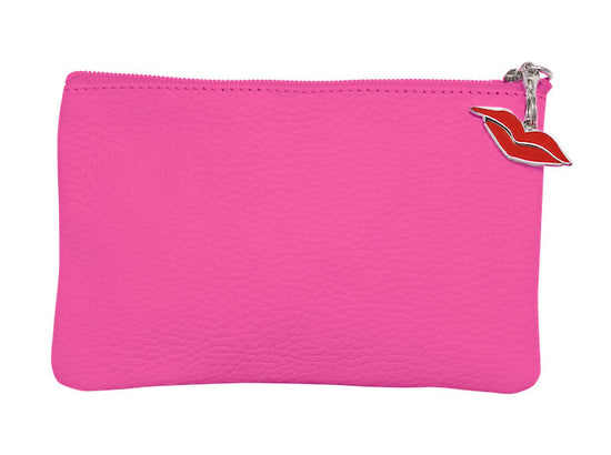 Italian leather coin purse in pink and red